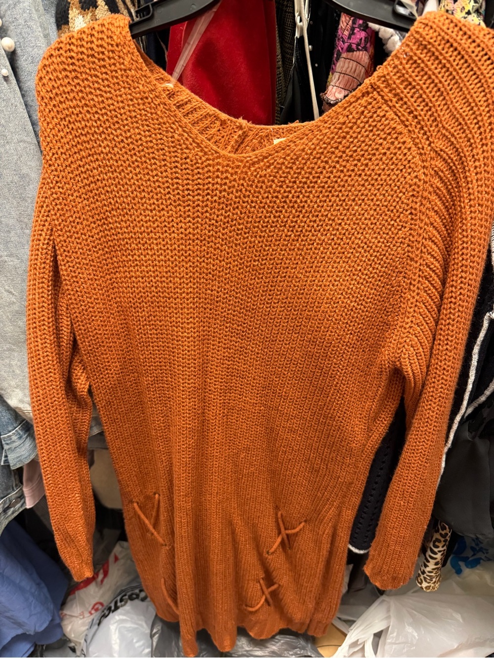 Say What? Rust Orange V-Neck Chunky Knit Sweater Dress